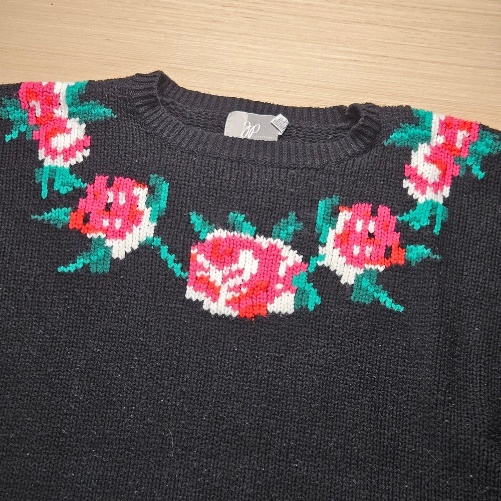 Vintage JP Collections Black Floral Rose Embroidered Knit Sweater One Size